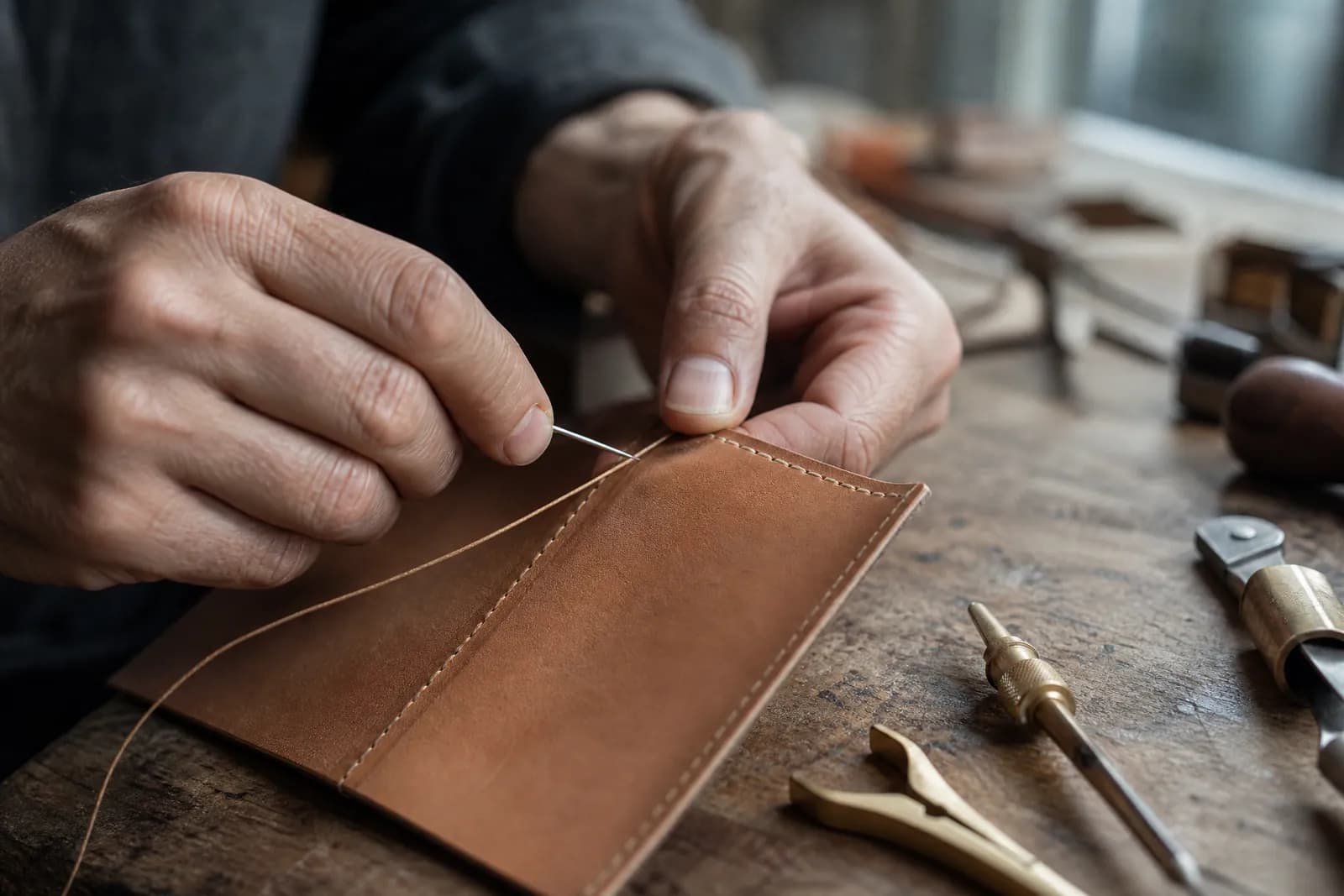A leather-worker hand-stitching a tan leather cardholder with waxed thread and brass tools